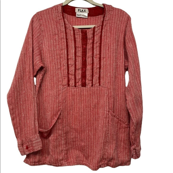 Flax Striped Red 100% Linen Long Sleeve Top Tunic With buttons pockets Lagenlook - Picture 1 of 6